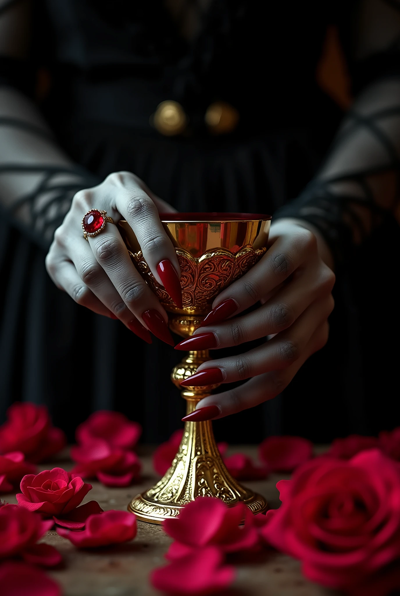 A close-up of a vampire's hand holding a big golden grail filled with blood on the table with rose pedals, holding with single hand, focus on the hand, hand with a ruby ring, skinny hand, pale gray skin, crimson nail color, velvet tunic, sharp and pointy nails,  photorealistic, ethereal, dramatic lighting, chiaroscuro, intricate details, gothic horror, dark fantasy, deep red colors, dramatic shadows, moody atmosphere