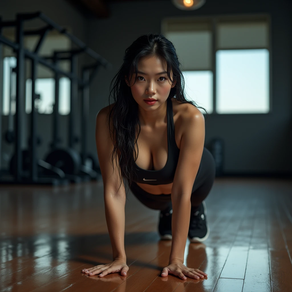A beautiful korean women, chubby, wet hair, body wet with sweat , natural huge breasts, wear nike spsortwear, nike shoes, sensual and seductive expression, elbow plank on the floor At the gym in the night as background detail. look at the viewer, natural light, realistic photography, wide angle shot.