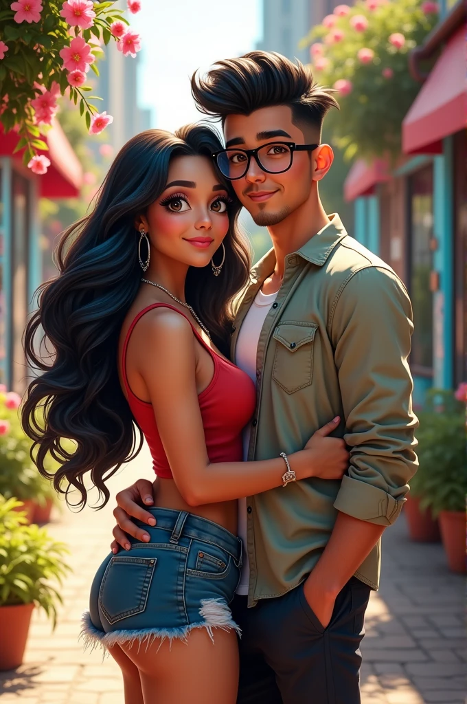 Couple of boyfriends she curvy body big cheeks, big butt, black hair with blue, big brown eyes, light skin with a nose piercing and light skin, he straight hair styled up and small rectangular glasses and wide nose
