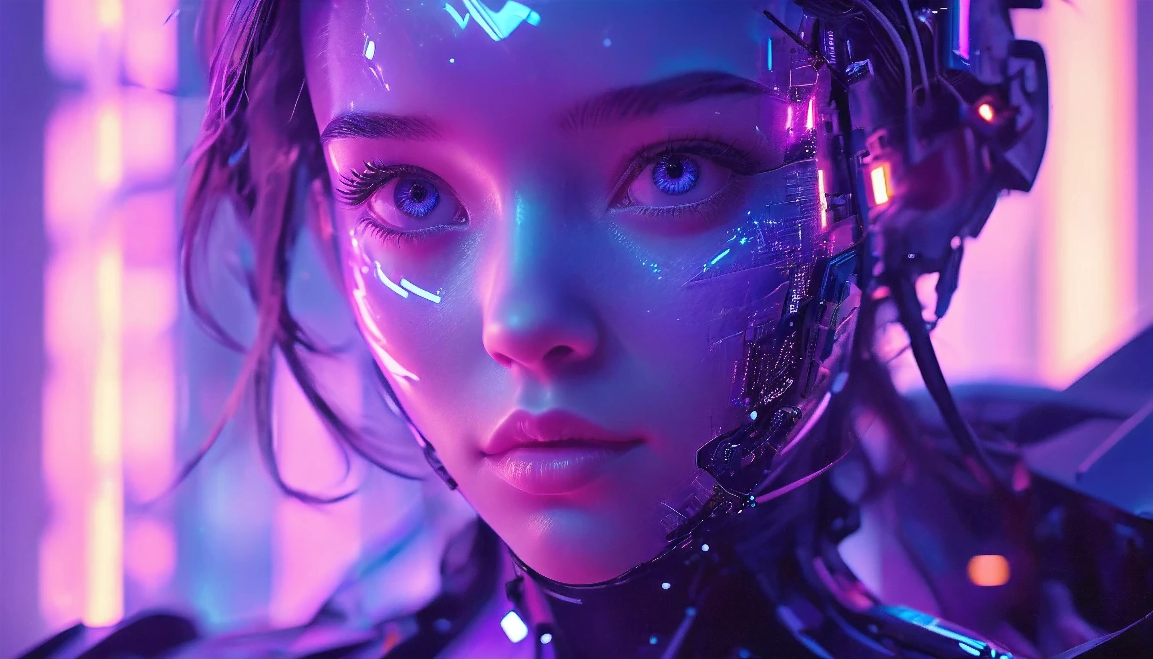(Future Technology), (Close-up of mech face), Blue to purple gradient background, Dreamlike space city background, Fantastic light and shadow effects