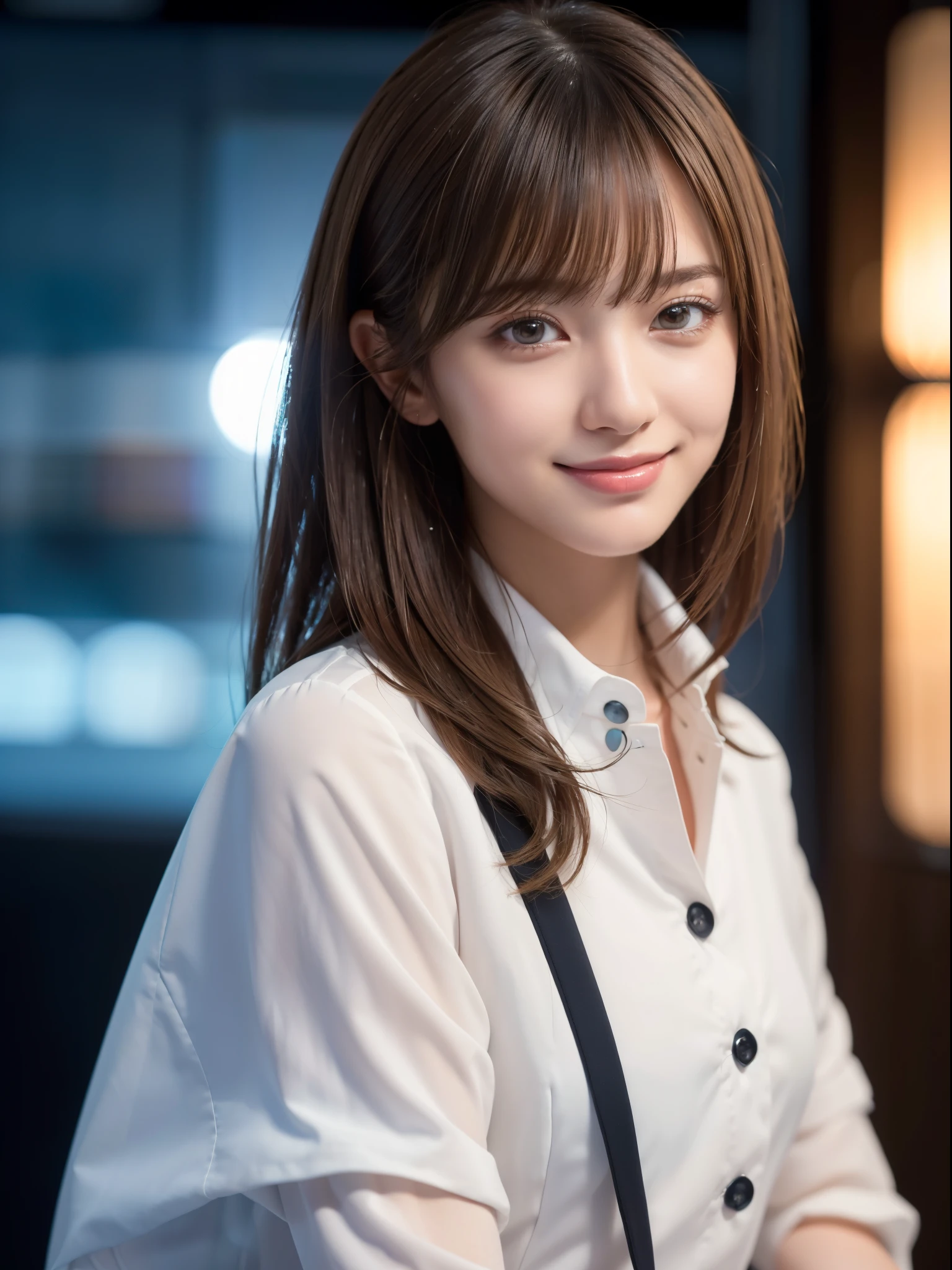 1 cabin attendant,(Cabin Attendant Uniform), (RAW Photos, Highest quality), (Realistic, Photorealistic:1.4), Tabletop, Very delicate and beautiful, Very detailed, 8k wallpaper, wonderful, In detail, Highly detailed CG unification, High resolution, Soft Light, Beautiful and detailed 25-year-old beauty, Very detailed目と顔, Beautifully detailed nose, Beautiful attention to detail,Cinema Lighting,Night airport,Perfect Anatomy,Slender body,smile  (My hair is messy, Asymmetrical bangs, Light brown hair,)