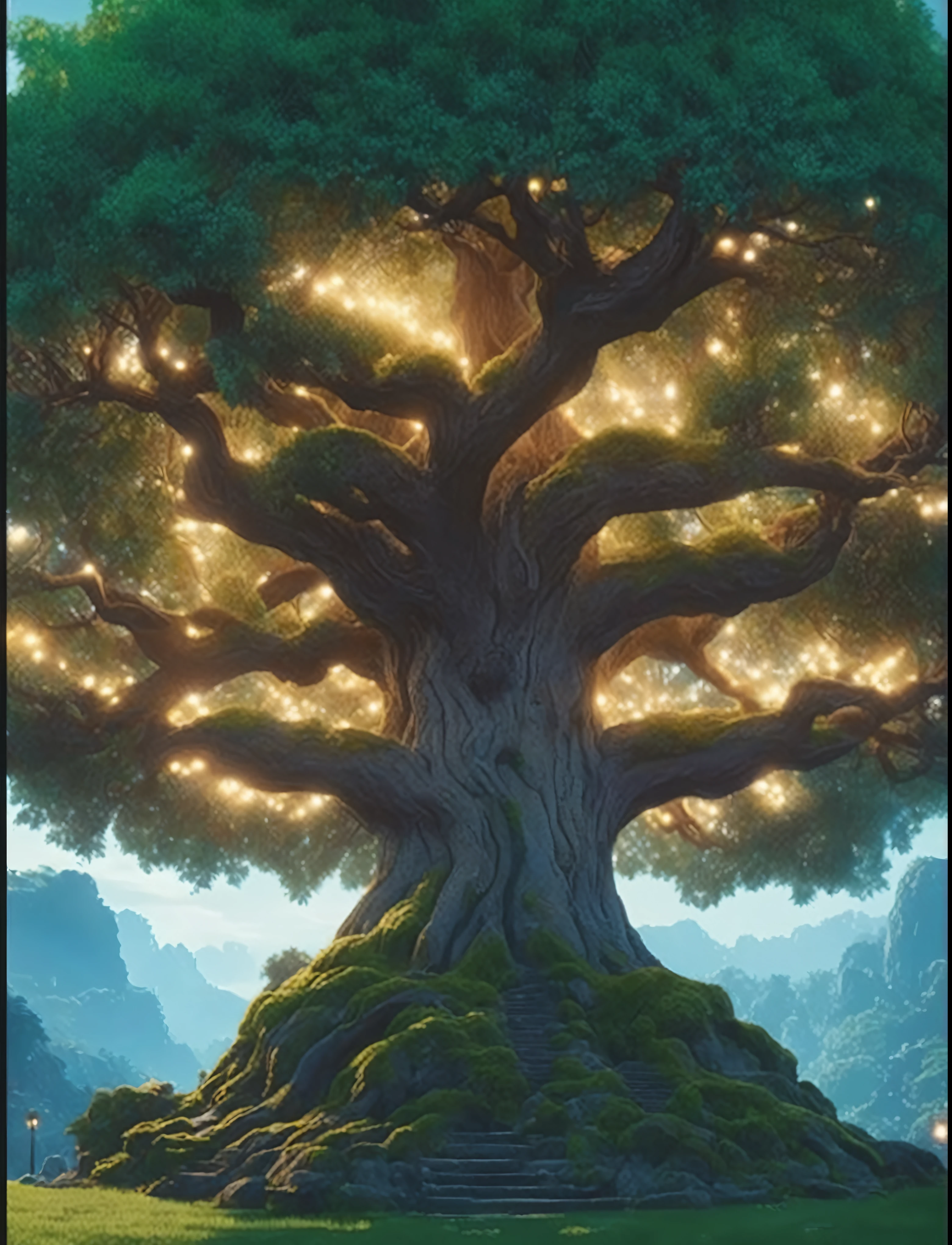 There is a tree in the field with a lamp hanging on it., Fantasy tree, Magic tree, Yggdrasil, the tree of Life, Magic Tree, tree of Life, the world Tree, world Tree, tree of Life seed of doubt, large Magic trees, Rendering Art, Giant Tree, Ancient Trees, Tree-man, Golden sacred tree, Background artwork, Detailed 4k