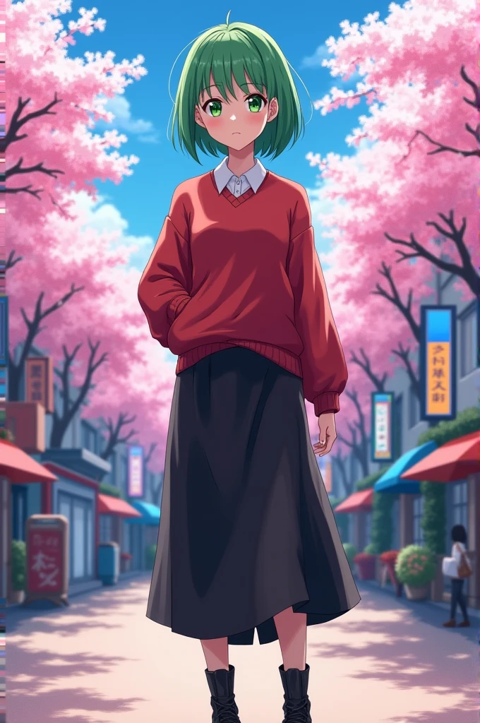 Female, Anime, 17-year old, Short green-hair, Faired skin, Emerald eyes, Red sweater, White long-sleeved shirt, Black medium-skirt, High-heeled black boots