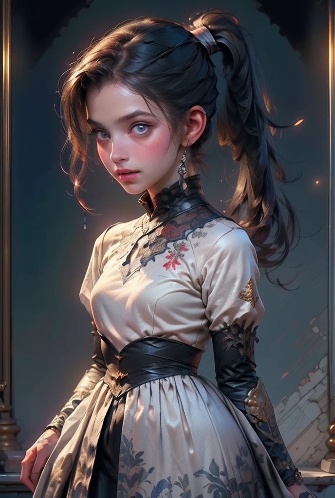 (((masterpiece, of the highest quality, super detailed))), hand drawn style, hand painted style, watercolour, sketch, a knight, white background, plain background, Bloodborne inspired, tatty Bloodborne attire, occult aesthetic, occult, tatty red and white clothing detailed and intricate steampunk and detailed gothic lolita (with a hood), long coat, very thin long legs, Complex laced boots, Fluttering lace flared dress with frilly petticoats, petticoats gothic lolita aesthetic, beautiful small breasts, (((( Highly detailed face))), small thin nose, Small thin lips mouth, (((Very sharp focused eyes))), Very large slit precision pale grey eyes that shine like jewels. ((dark hair)), ((long ponytail, thick ponytail, heavy ponytail)), very long eyelashes, white background, Very dramatic and cinematic lighting, tatty damaged old red and white clothing, full body, whole body, body, cosmic horror, grim dark