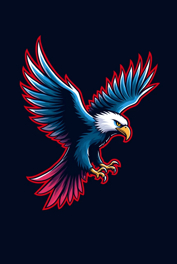 "I need an illustrated logo for an eSports team featuring a hawk. The design should highlight the hawk's strength and agility, depicted in an action pose like mid-flight or diving. The style should be bold and dynamic with sharp, clean lines and detailed features such as talons, wings, and beak.Use a color palette of blue, red, and black. Incorporate these colors in a way that enhances the hawk's fierce and energetic appearance. The design should be versatile for various uses like team jerseys, merchandise, and digital media. Make sure to include the team name in the logo, either integrated with the hawk or as a complementary element, ensuring it’s clear and well-aligned with the overall design."