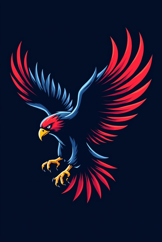 "I need an illustrated logo for an eSports team featuring a hawk. The design should highlight the hawk's strength and agility, depicted in an action pose like mid-flight or diving. The style should be bold and dynamic with sharp, clean lines and detailed features such as talons, wings, and beak.Use a color palette of blue, red, and black. Incorporate these colors in a way that enhances the hawk's fierce and energetic appearance. The design should be versatile for various uses like team jerseys, merchandise, and digital media. Make sure to include the team name in the logo, either integrated with the hawk or as a complementary element, ensuring it’s clear and well-aligned with the overall design."