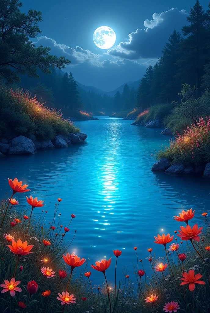 create a stunning lagoon where's the clear blue water is glowing from deep and shining beautifully. fireflies, full moon, wild flowers, ultra-sharp, highly-detailed, realistic.