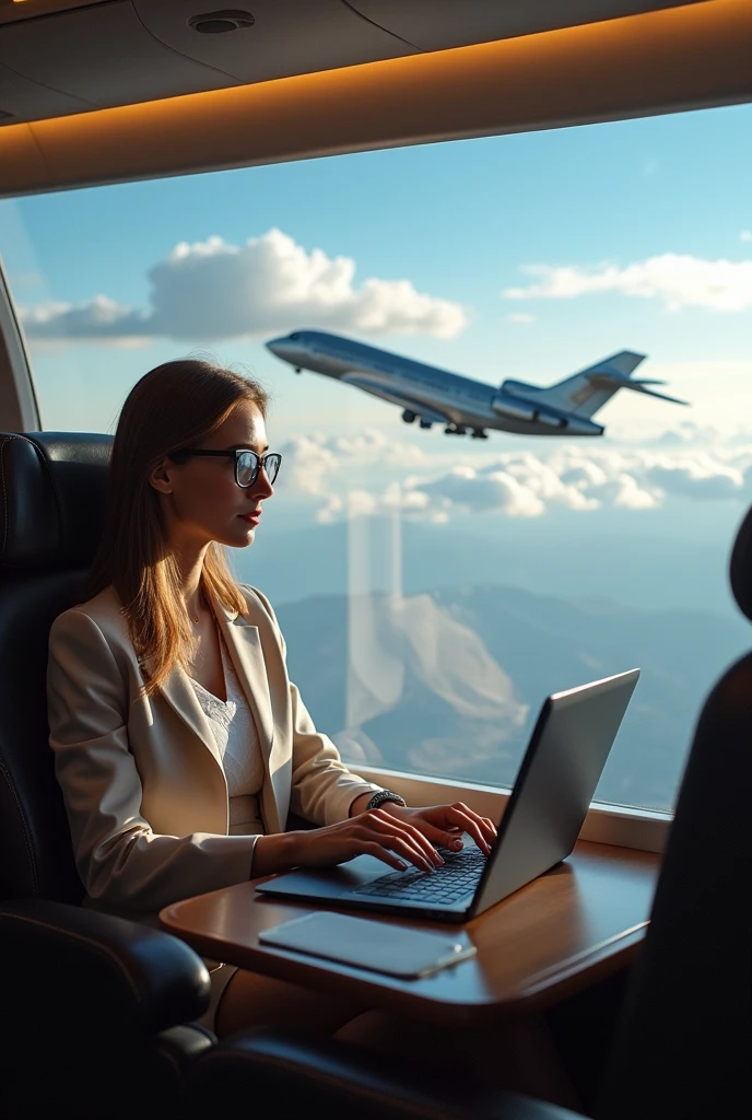 A girl in a Hat, dressed in a dark green tuxedo, Elegant hairstyle, in one Ear bluetooth Earphone with a glowing text on it, In front of her face Hologram with a text task, background Airplane Board, Comfortable Polycarbonate Chair with various innovative gadgets in the seat Fashionable with a View at the Window of the Airplane, Luxury cabin, Intricate Details, Masterpiece, Vivid Colors, Shadow Play, Post Processing, Maximum Quality, Beautiful and Clear Color rendition, Dim light on board the plane, Beautiful view from the Window of the plane sea and city buildings, All details, 8-16k resolution, Clear Image Processing,