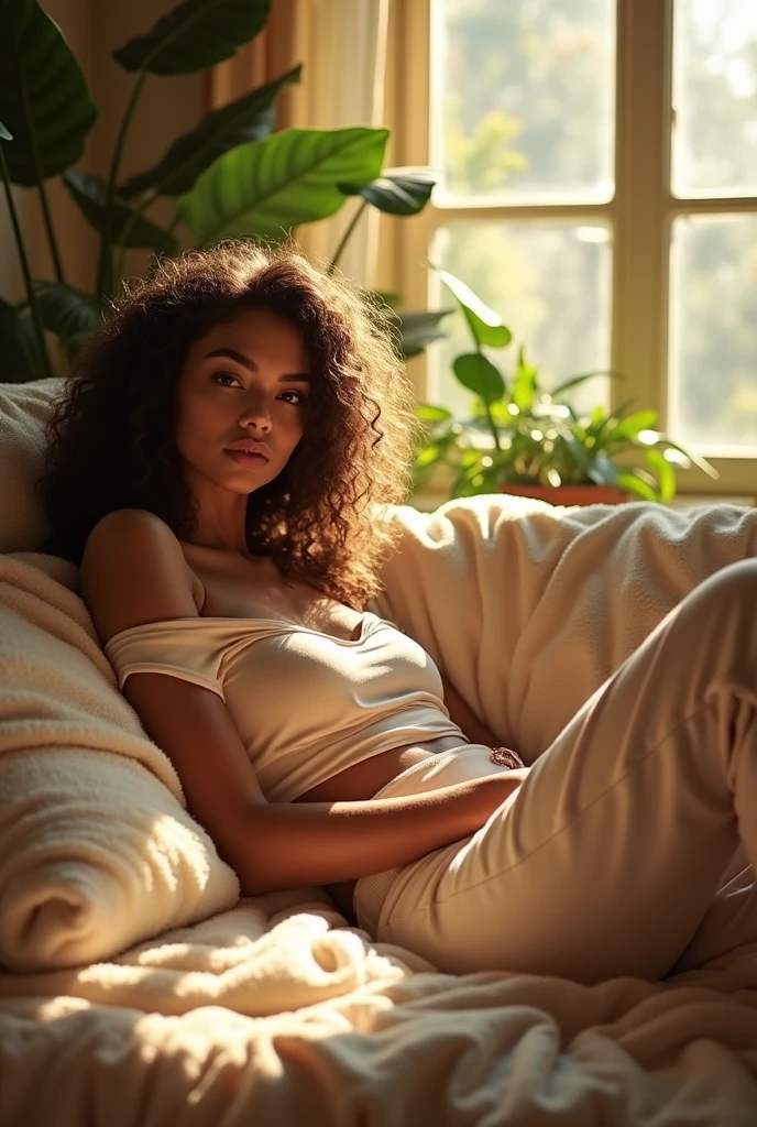 (photorealism:1.2), beautiful woman, sitting on bed, wearing loose off-shoulder top, pajama pants, long curly hair, indoors, soft lighting, plants in background, window with sunlight, cozy room, relaxed pose, realistic, intricate details, warm colors, by Greg Rutkowski, by Alphonse Mucha