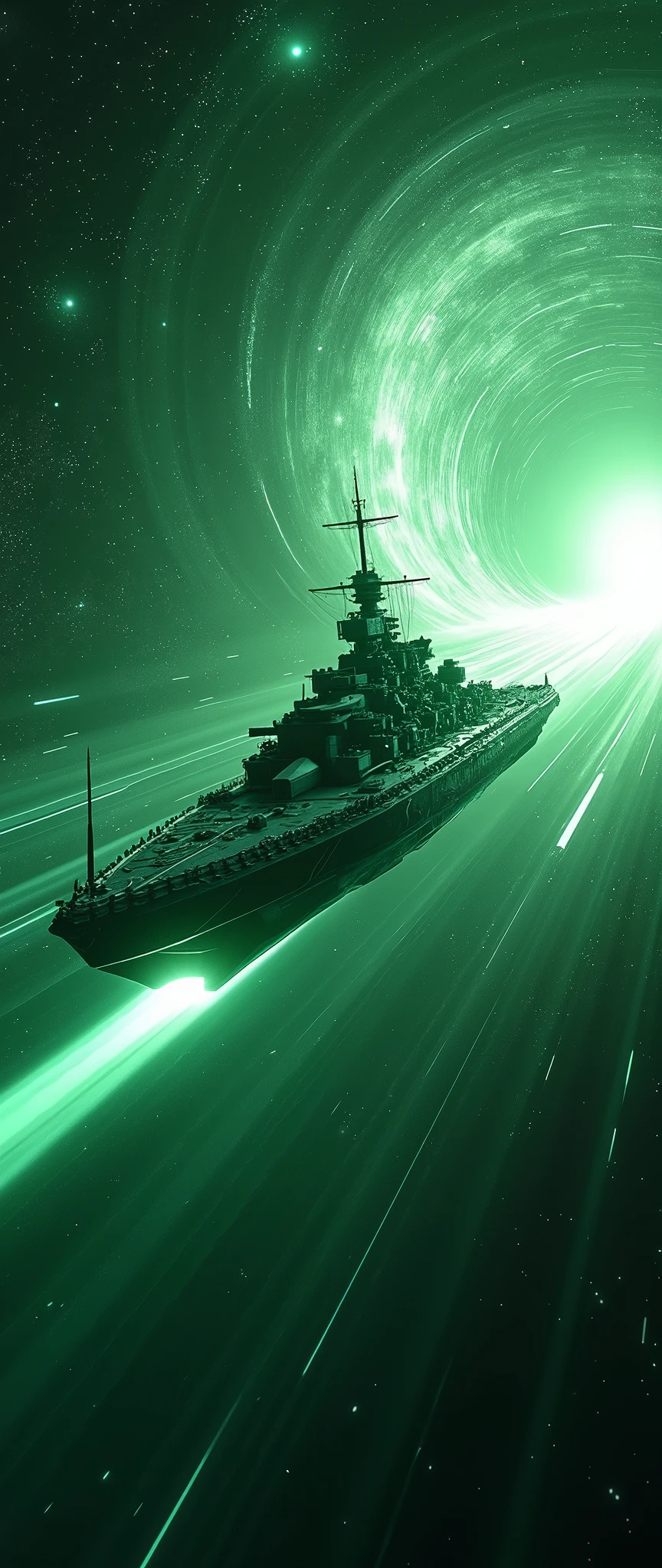 (masterpiece:1.2,Distinguished Quality,Mirror-like,Cinematic Experience),8k,wallpaper,Realistic,(DSLR Canon style),(A battleship-shaped spaceship performs warp travel.:2.0),(sf:2.0),(A streamlined spaceship resembling the Yamato battleship:2.0),(dynamic),(Beautiful particles of light are emitted from the wave engine at the stern.:2.0),(Expressing superluminal speed with a beautiful line of green light:2.0),(((The background is a wormhole and subspace.:2.0))),(Motion Blur)