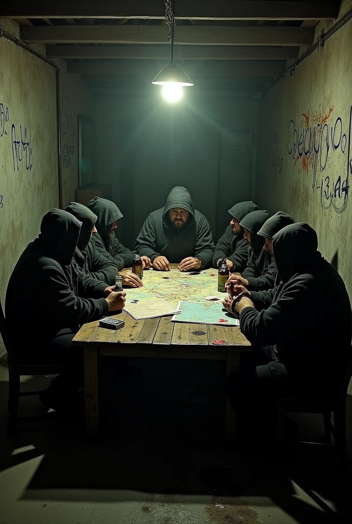 Dark basement room for gang meeting
