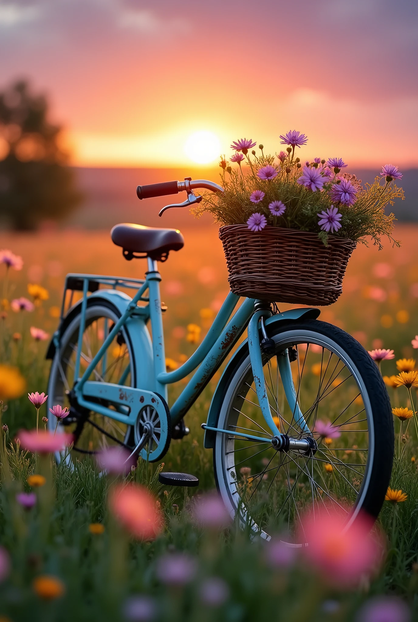 Vintage bicycle with the background of a field of flowers and sunset
