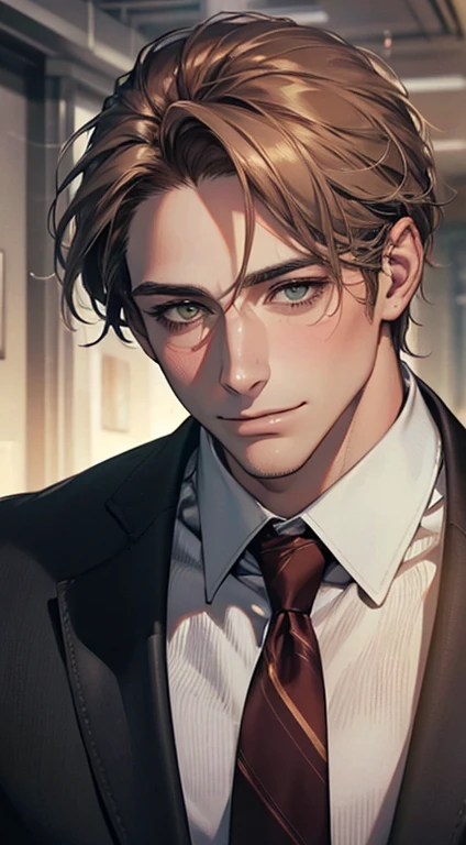 (Highest quality,4K,8K,High resolution,masterpiece:1.2),Super detailed,(Realistic,photoRealistic,photo-Realistic:1.37),1 person,34 years old,Mature Men,Beautiful skin、very handsome,Expressionless smile in love,Short gray brown hair,green eyes,Sharp Eyes,A perfect face without a doubt,Businessman, CEO, Office Background,Cinema Lighting,HDR image,tie、
