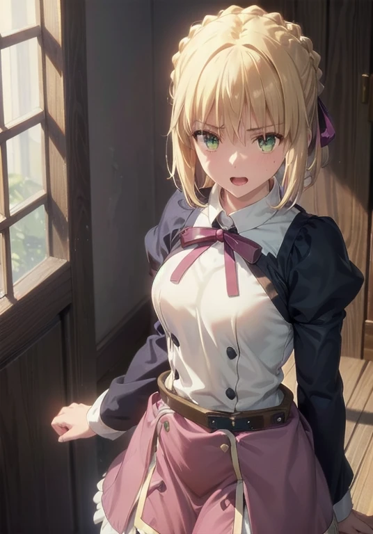  masterpiece, beautiful detail, beautiful light and shadow,Beautiful Anime Woman, Beautiful art style, Anime characters,1girl, ((((solo)))),saber,blonde hair, french  braid,short hair, hair ribbon,Sexy Hard Body,dynamic pose,looking at another,smile,shy,(close-up),((yyoutfit)), upper body,open mouth