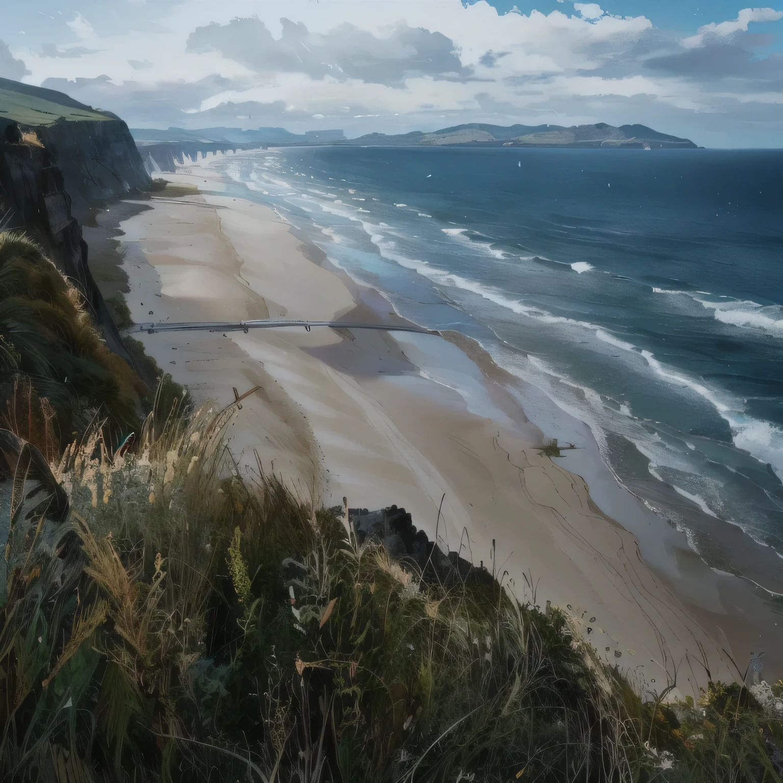 there is a view of a beach and a body of water, beach in the foreground, beach is between the two valleys, beach on the outer rim, by Thomas Furlong, inspired by Mór Than, as far as the eye can see, viewed from bellow, eye - level view, long view, by John Murdoch, overlooking the beach, by Charlotte Harding