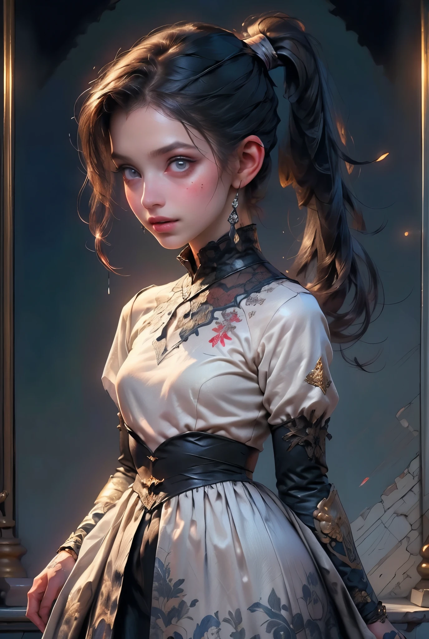 (((masterpiece, of the highest quality, super detailed))), hand drawn style, hand painted style, watercolour, sketch, a knight, white background, plain background, Bloodborne inspired, tatty Bloodborne attire, occult aesthetic, occult, tatty red and white clothing detailed and intricate steampunk and detailed gothic lolita (with a hood), long coat, very thin long legs, Complex laced boots, Fluttering lace flared dress with frilly petticoats, petticoats gothic lolita aesthetic, beautiful small breasts, (((( Highly detailed face))), small thin nose, Small thin lips mouth, (((Very sharp focused eyes))), Very large slit precision pale grey eyes that shine like jewels. ((dark hair)), ((long ponytail, thick ponytail, heavy ponytail)), very long eyelashes, white background, Very dramatic and cinematic lighting, tatty damaged old red and white clothing, full body, whole body, body, cosmic horror, grim dark