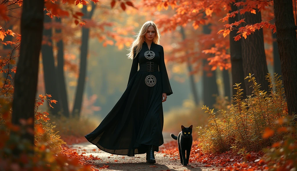 Autumn. Forest of aylantus, beautifull blonde satanist girl walking with her cat