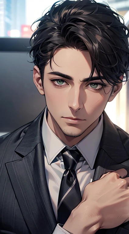 (Highest quality,4K,8K,High resolution,masterpiece:1.2),Super detailed,(Realistic,photoRealistic,photo-Realistic:1.37),1 person,35 years old,Mature Men,Beautiful skin、very handsome,Expressionless,Short gray Black hair,green eyes,Sharp Eyes,A perfect face without a doubt,Businessman, CEO, Office Background,Cinema Lighting,HDR image,tie、