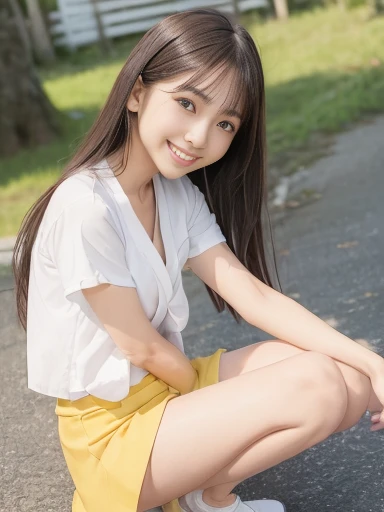 Japanese female, (underweight), (flat chest best quality:1.5), 30 years old, (cheerful grin:1.3),
village, squatting, legs spread, long hair, (white blouse), (undone clothing:1.4), (yellow mini skirt), in the village, with a cherry blossom, full body shot, (front view,) (low angle shot:1.3)