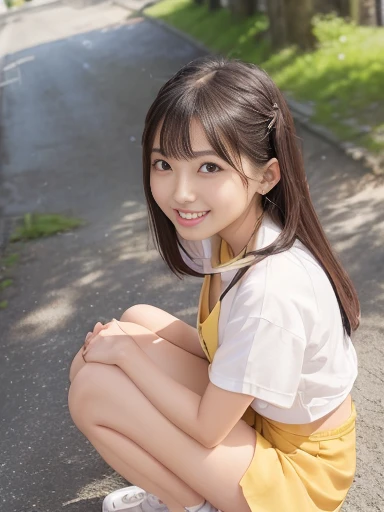 Japanese female, (underweight), (flat chest best quality:1.5), 30 years old, (cheerful grin:1.3),
village, squatting, legs spread, long hair, (white blouse), (undone clothing:1.4), (yellow mini skirt), in the village, with a cherry blossom, full body shot, (front view,) (low angle shot:1.3)