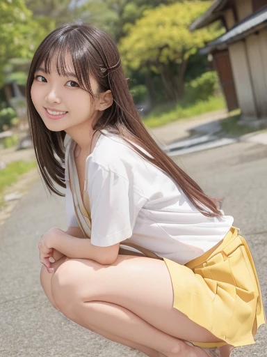 Japanese female, (underweight), (flat chest best quality:1.5), 30 years old, (cheerful grin:1.3),
village, squatting, legs spread, long hair, (white blouse), (undone clothing:1.4), (yellow mini skirt), in the village, with a cherry blossom, full body shot, (front view,) (low angle shot:1.3)