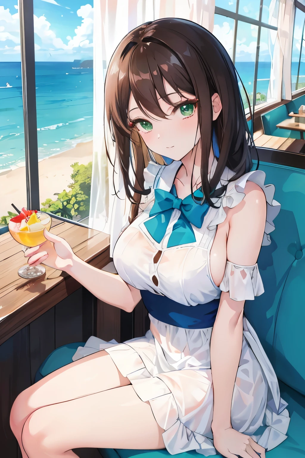 ((masterpiece, Highest quality, High resolution, 超High resolution, Pixel perfect, Written boundary depth, 4K, RTTX 10.0, High resolution))), 1 person, single, alone, Beautiful Anime, Beautiful art style, Anime characters, ((Shortcuts, bangs, Dark brown hair)), ((Green Eyes:1.4, Round eyes, Beautiful eyelashes, current eyes)), ((Smooth texture:0.75, Anime CG style)), ((Dynamic Angle, close)), Perfect body, (cute), Normal chest, whole body, ((4K, 8k, Highest quality, Perfect Fingers: 1.3, Perfect Anatomy: 1.3, Background Blur)), whole bodyアングル, An illustration of someone at a restaurant with a view of the sea., The character is dressed in a refreshing summer outfit, Sitting in the window seat, She gazes at the beautiful sea stretching out beyond the window, Enjoying a meal with a relaxed expression, Delicious food and drinks are lined up on the table, The blue sea and sky spread out in the background., Gentle waves are lapping at the shore