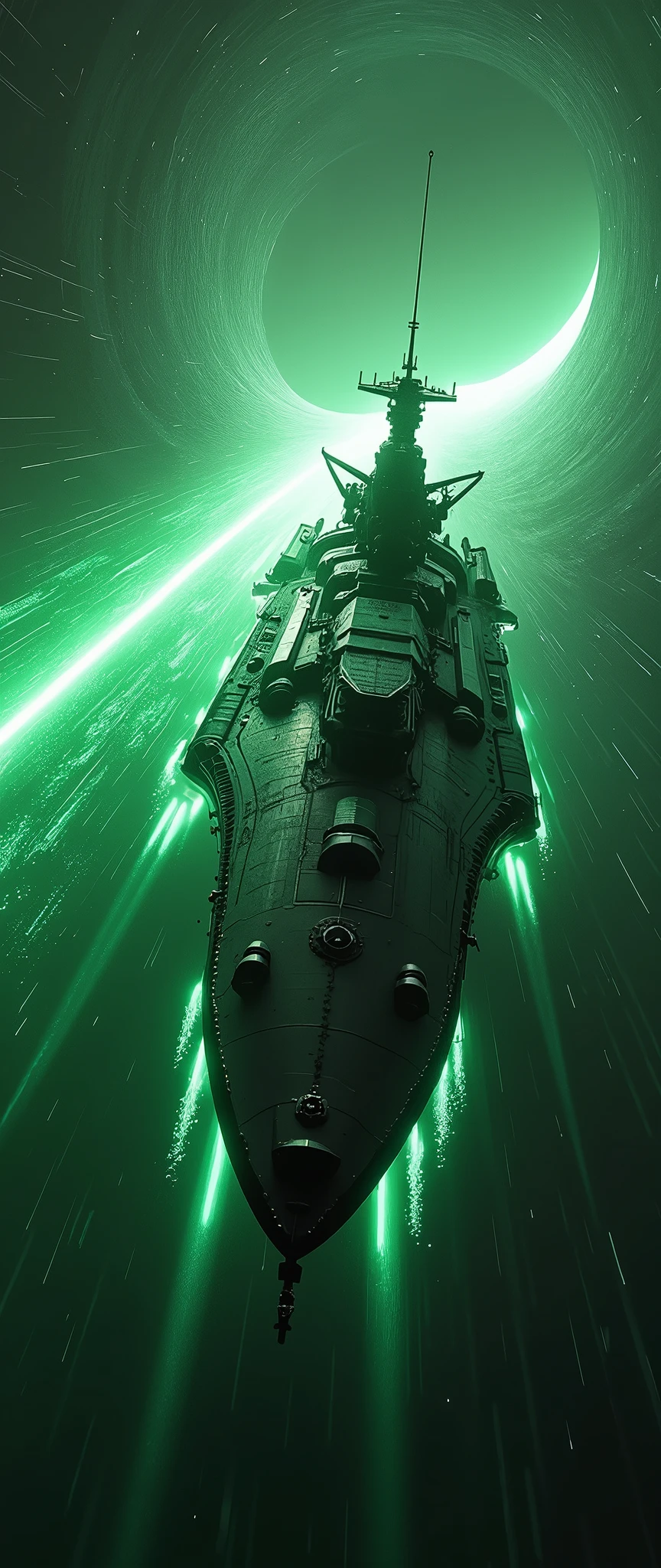 (masterpiece:1.2,Distinguished Quality,Mirror-like,Cinematic Experience),8k,wallpaper,Realistic,(DSLR Canon style),(A battleship-shaped spaceship performs warp travel.:2.0),(sf:2.0),(A streamlined spaceship resembling the Yamato battleship:2.0),(dynamic),(Beautiful particles of light are emitted from the wave engine at the stern.:2.0),(Expressing superluminal speed with a beautiful line of green light:2.0),(((The background is a wormhole and subspace.:2.0))),(Motion Blur)