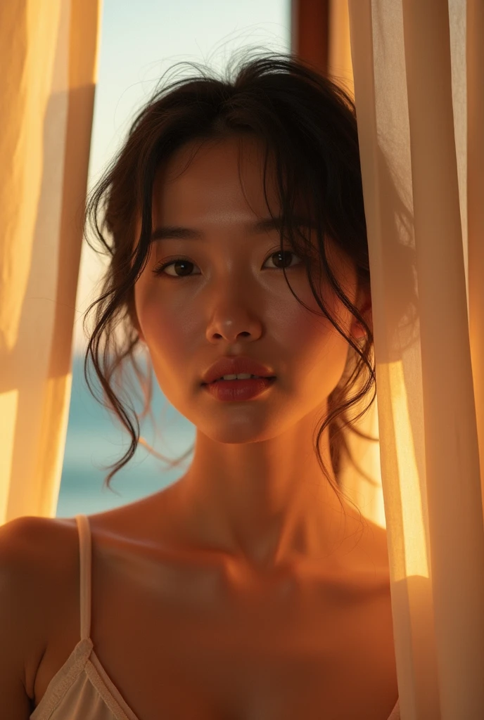 (((Full body image of a woman))),(Model shooting style), (shy), 1 person, Lonely, Extremely rich facial detail, Beautiful Eyes, [Chubby], cute, cheeks turn a little red，bright, Stunning beauty, (Rembrandt Lighting), ARRI Lens, Surreal, (Skin with attention to detail:1.2),8k,uhd,ARRI ALEXA 35, Dramatic Rim Light, high quality,Very delicate and beautiful, A wonderful masterpiece, Very detailed, High resolution,Best Shot, Best Shadow,Complex,Sharp focus, Focus distance 100mmf/2.8,high quality, 1. Japanese women, alone.cute,Fuka Koshiba,Yuki Sakurai, Lens flare,Beautiful breasts,Cool eyes,Glossy Lips,An ennui smile,Glowing Skin,Clear Skin, Well-formed face, Sexy Eyes, Toned body, Confusion and expectations, Sexual premonition, lustrous,Sparkling Eyes,Vivid Rouge, Beachfront vacation homes,Magic Hour, Fleur Tulle Baby Doll&shorts,adventure,Opening the curtains,Angle from outside the window