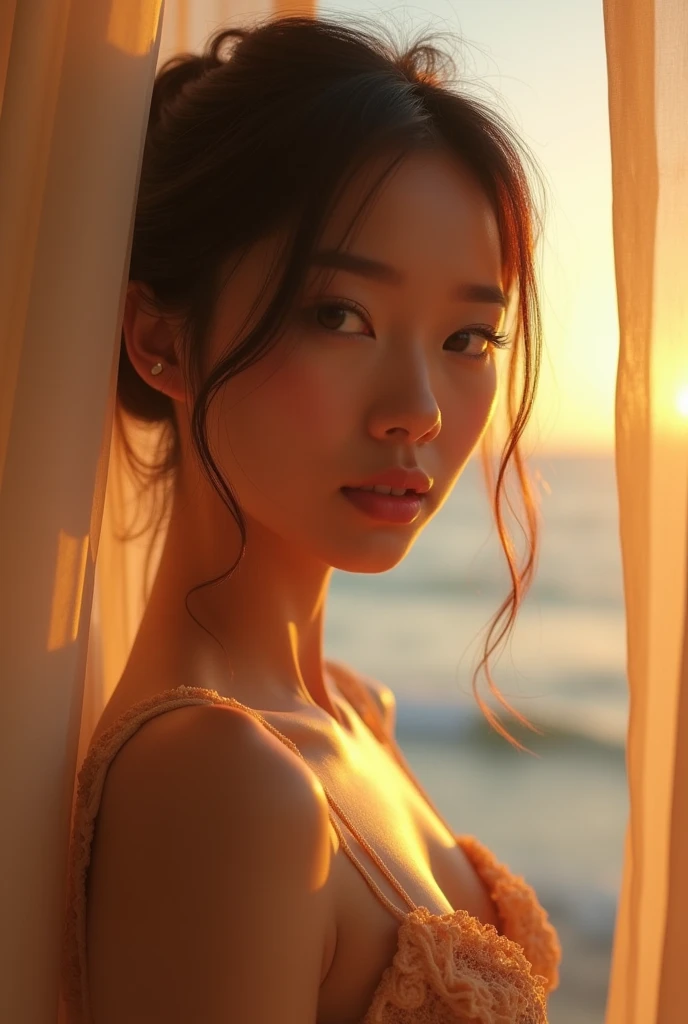 (((Full body image of a woman))),(Model shooting style), (shy), 1 person, Lonely, Extremely rich facial detail, Beautiful Eyes, [Chubby], cute, cheeks turn a little red，bright, Stunning beauty, (Rembrandt Lighting), ARRI Lens, Surreal, (Skin with attention to detail:1.2),8k,uhd,ARRI ALEXA 35, Dramatic Rim Light, high quality,Very delicate and beautiful, A wonderful masterpiece, Very detailed, High resolution,Best Shot, Best Shadow,Complex,Sharp focus, Focus distance 100mmf/2.8,high quality, 1. Japanese women, alone.cute,Fuka Koshiba,Yuki Sakurai, Lens flare,Beautiful breasts,Cool eyes,Glossy Lips,An ennui smile,Glowing Skin,Clear Skin, Well-formed face, Sexy Eyes, Toned body, Confusion and expectations, Sexual premonition, lustrous,Sparkling Eyes,Vivid Rouge, Beachfront vacation homes,Magic Hour, Fleur Tulle Baby Doll&shorts,adventure,Opening the curtains,Angle from outside the window