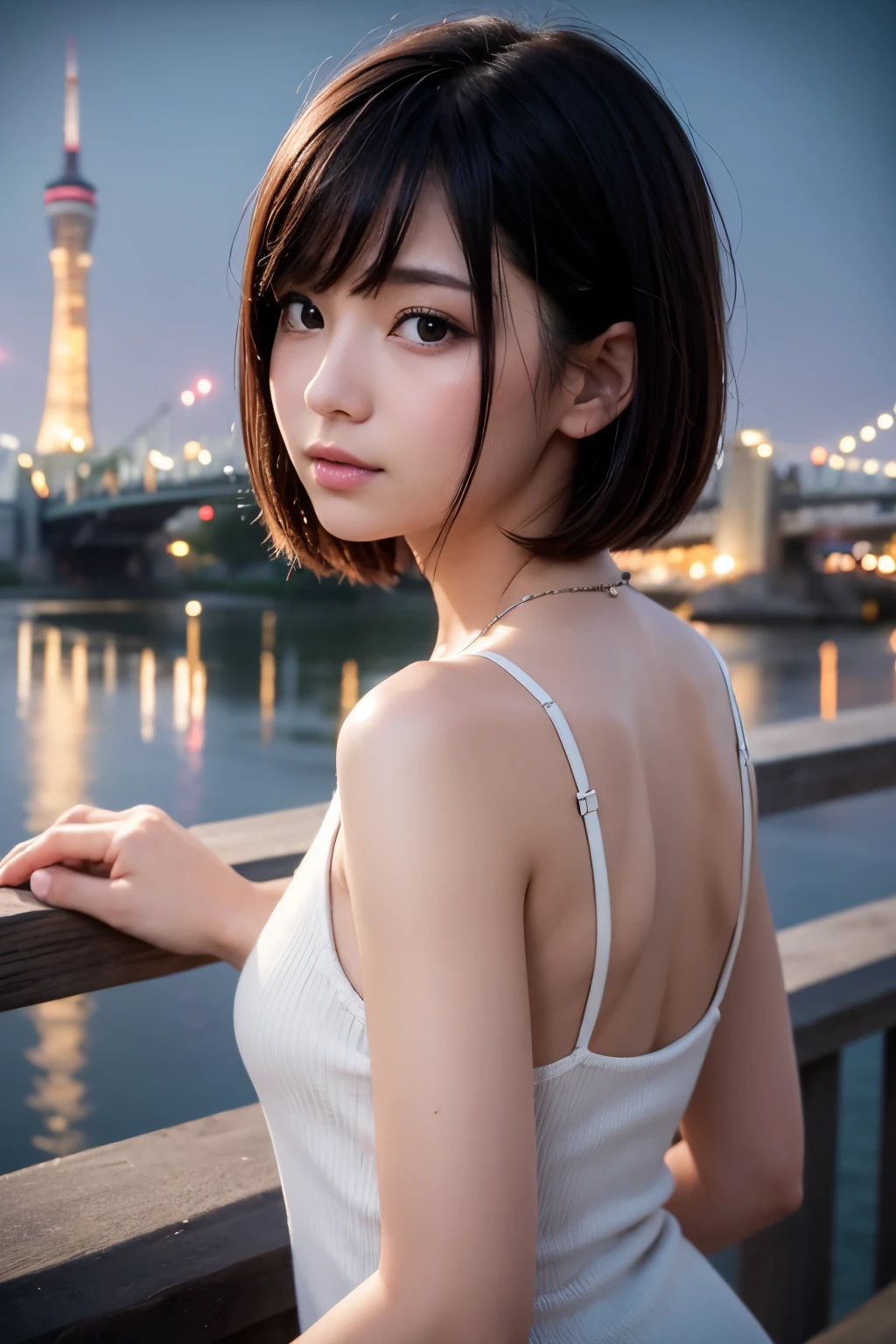 8k, RAW Photo, Best Quality, Masterpiece, Realistic, PhotoRealistic, Extremely Detailed 8k Wallpaper, Beautifully Detailed Eyes, Finely Detailed Face, 
 BREAK 
Cinematic Lighting, Rim Lighting, 
 BREAK 
(((1 Girl at Riverside, 
s-bridge:1.8, t-skytree:1.8, s-river:1.8, night:1.8, sparkle:1.8, reflection:1.8))), 
Perfectly Anatomically Correct:1.0, 5 Beautiful Thin Finger:1.0, 
 BREAK 
1 Girl, 
Very Short Bob Hair:1.2, Symmetrical Clear Eyes:1.1, Captivating Eye Reflections:1.1, 
[[Kawaii, Japanese], Wide-Set Eyes, [Big Eyes], Almond-Shaped Eyes, tareme, (Double Eyelids), [Eye Bags], (White Skinned), Blush, Embarrassed, -Yeld, 
und Face), [Chiseled Face], Round Chin, Thin Lips, [Small Nose], [Oval-shaped Face], (Wet Hair), [Messy Hair], Open Mouse, [Pouted Cheek]], 
Clothing Random SHIMAMURA Tops + Bottoms, 
Looking Back Viewer, 
 BREAK 
SFW:1.0, 
 BREAK 
(Low Angle:1.2), Soft Saturation, Soft contrast, bokeh:1.2