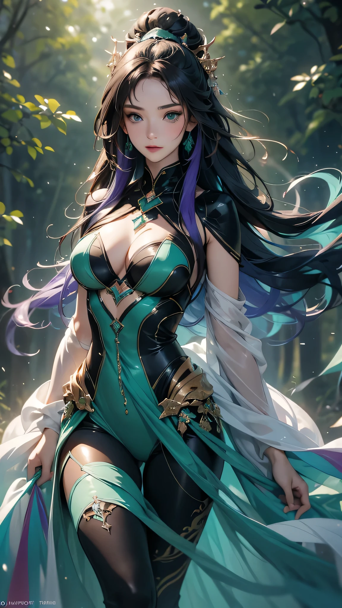 Happy girl, at centre, looking at the camera in, nearing perfection, dynamic, (Blues and ((forest green 1.5)))), The is very detailed, digitial painting, art stations, concept-art, smooth private parts, Focus sharp, illustratio, Artwork by Carne Griffiths and Wadim Kashin, Detailed face, 4K,masterpiece, best quality, 1 Girl, with long flowing rainbow hair in shades of purple, Blue, and green, Wearing a stylish black bodysuit, stand in a dramatic pose,One hand crosses the waist,The other hand holds a glowing, Magic crystal ball. in the background, Swirling vortices of light and energy add to the mysterious and enchanting atmosphere of the scene. glow hair, multicolor hair