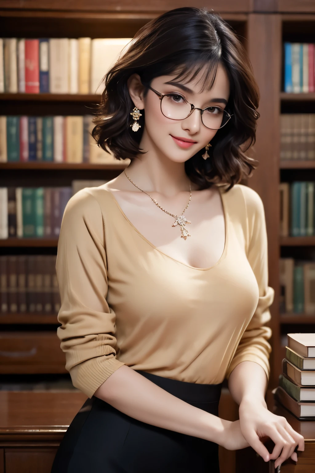 (highest resolution, distinct_image) Best quality, single person, one woman, solo, masterpiece, highly detailed, semi realistic, black short hair, hair, bangs, 25 years old, perfect housewife, mature, modern girl, very detailed and natural round medium breasts, glasses, shirt, short skirt,  reading book, in library, lots of books on the table, racks filles with books, earrings and necklace, hair ornaments, gentle, cute, blushing, gentle smile, exquisite facial features, vibrant colours, exquisite facial features, perfect body anatomy, slender but curve, cute, night time, perfect lighting, indoors, confident, elegant pose, 