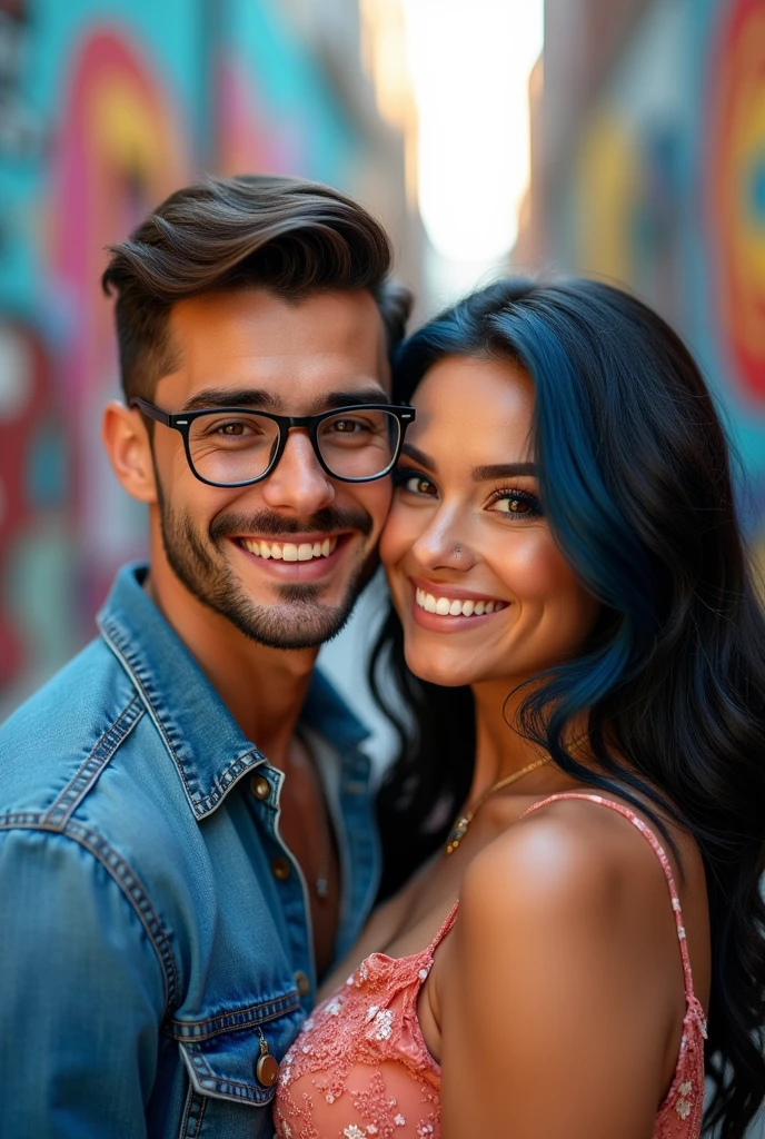 Couple of boyfriends she curvy body big cheeks, big butt, black hair with blue, big brown eyes, light skin with a nose piercing and light skin, he straight hair styled up and small rectangular glasses and wide nose