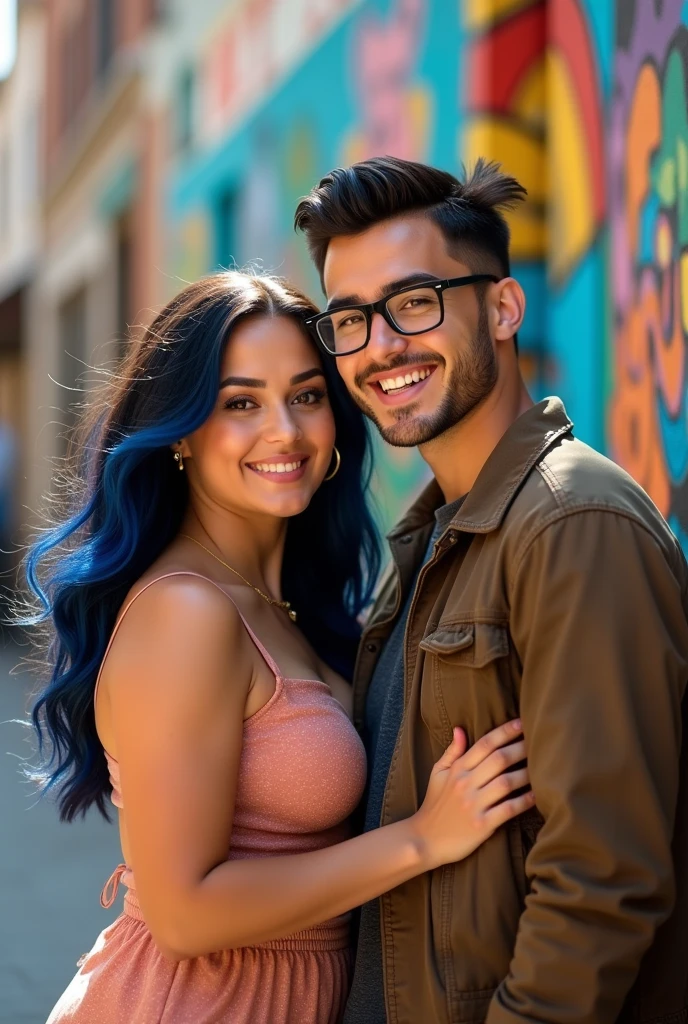 Couple of boyfriends she curvy body big cheeks, big butt, black hair with blue, big brown eyes, light skin with a nose piercing and light skin, he straight hair styled up and small rectangular glasses and wide nose