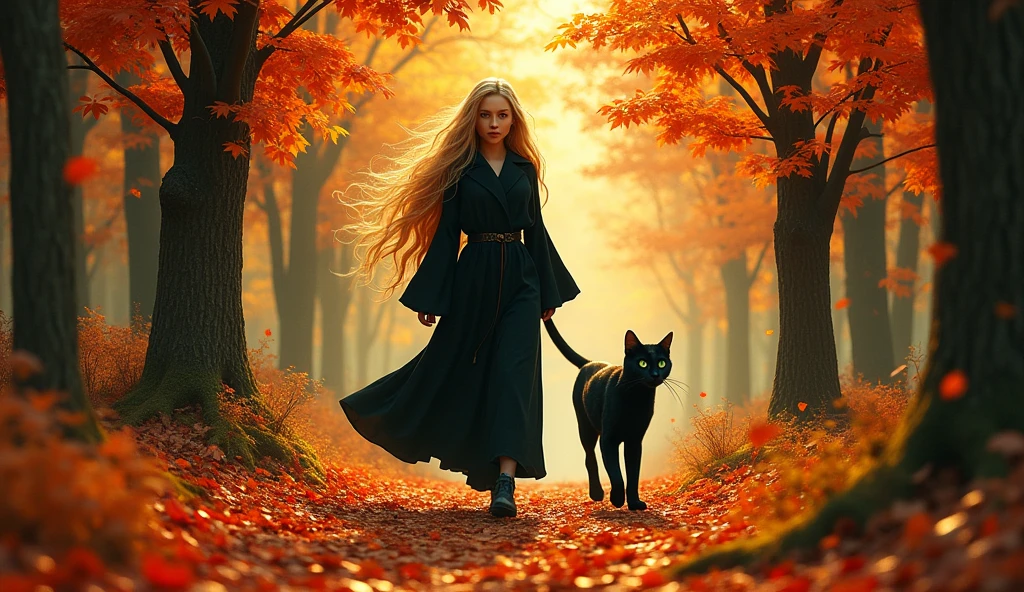 Autumn. Forest of aylantus, beautifull blonde satanist girl walking with her cat