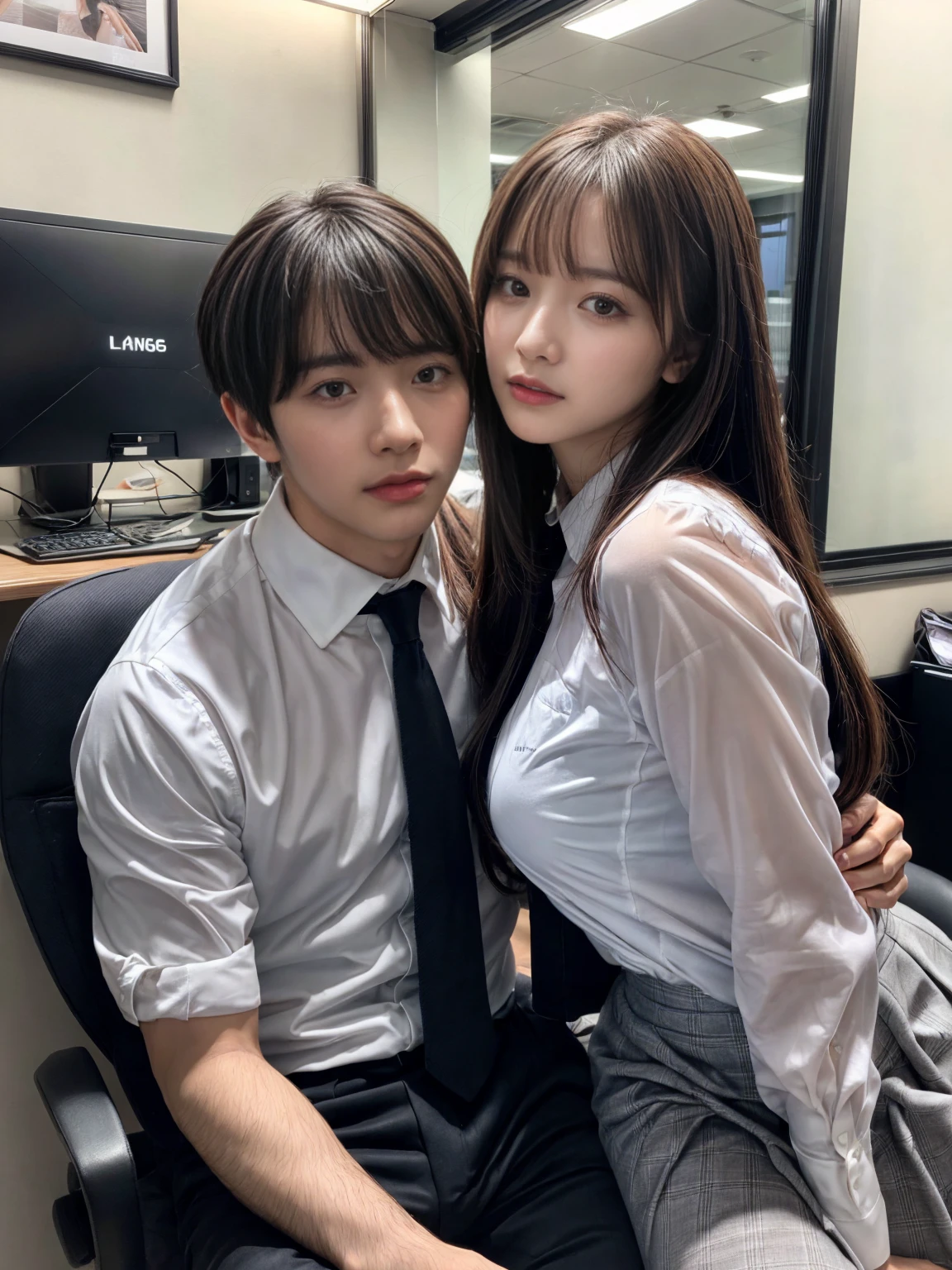 A handsome CEO with his beutiful girlfriend,who is on her highschool hot uniform romancing together with him in his luxury office at night.
While he carefully romantically falls down her hair., laege breasts