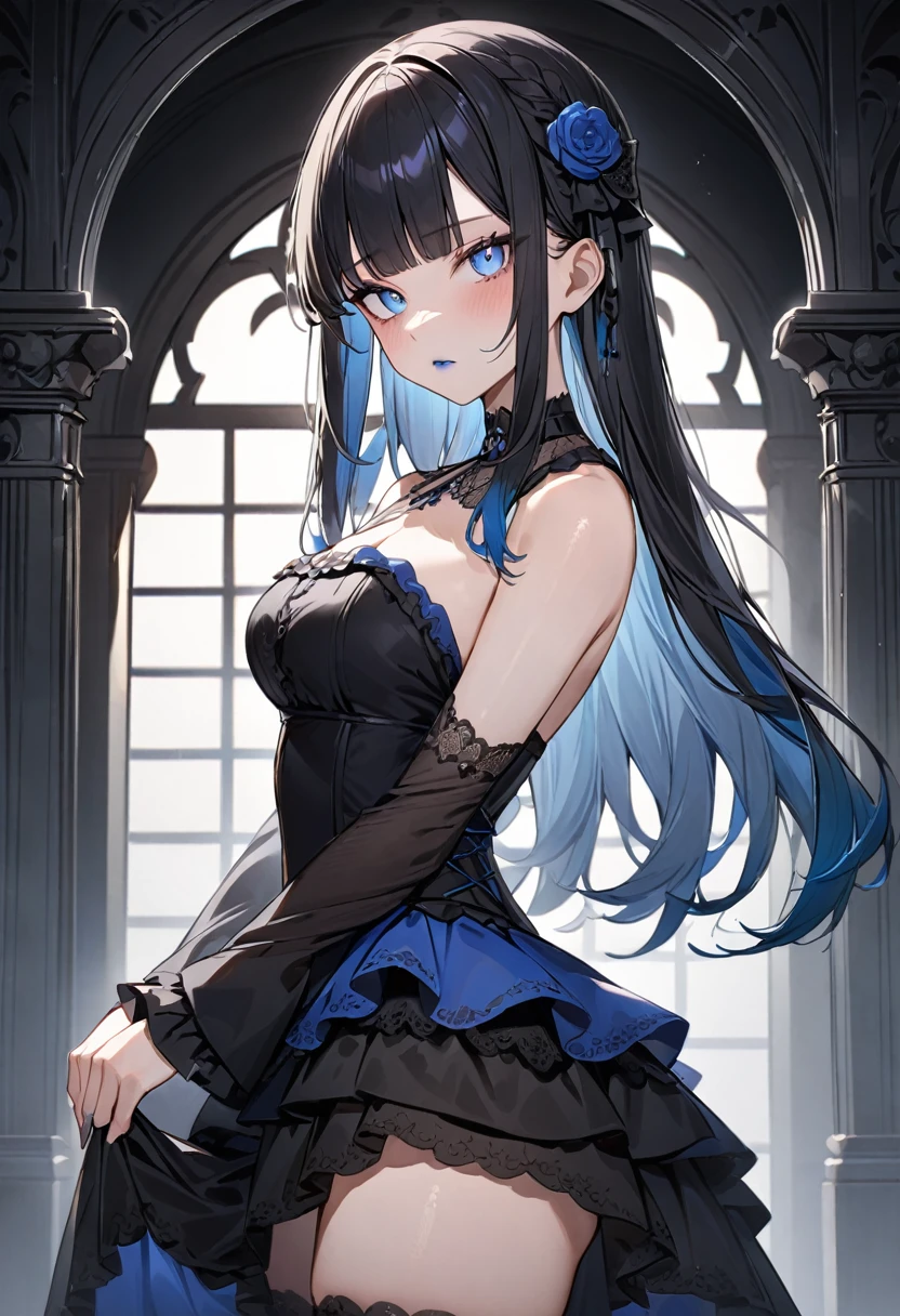 (masterpiece, top quality, very aesthetic, 4k、illustration), intricate detail, 1woman,solo,contrapposto 、from side、(gradient eyes、tareme)、Strong glowing eyes、blunt bangs,Fair skin,(cowboy shot)、cold face、Cold Stare、(Blue lipstick),beautiful face、Blushing,(gradient hair)、multicolored hair,middle hair,sidelock ,blue eyes、Shoulderless gothic lolita dress、medium breasts、slender 、