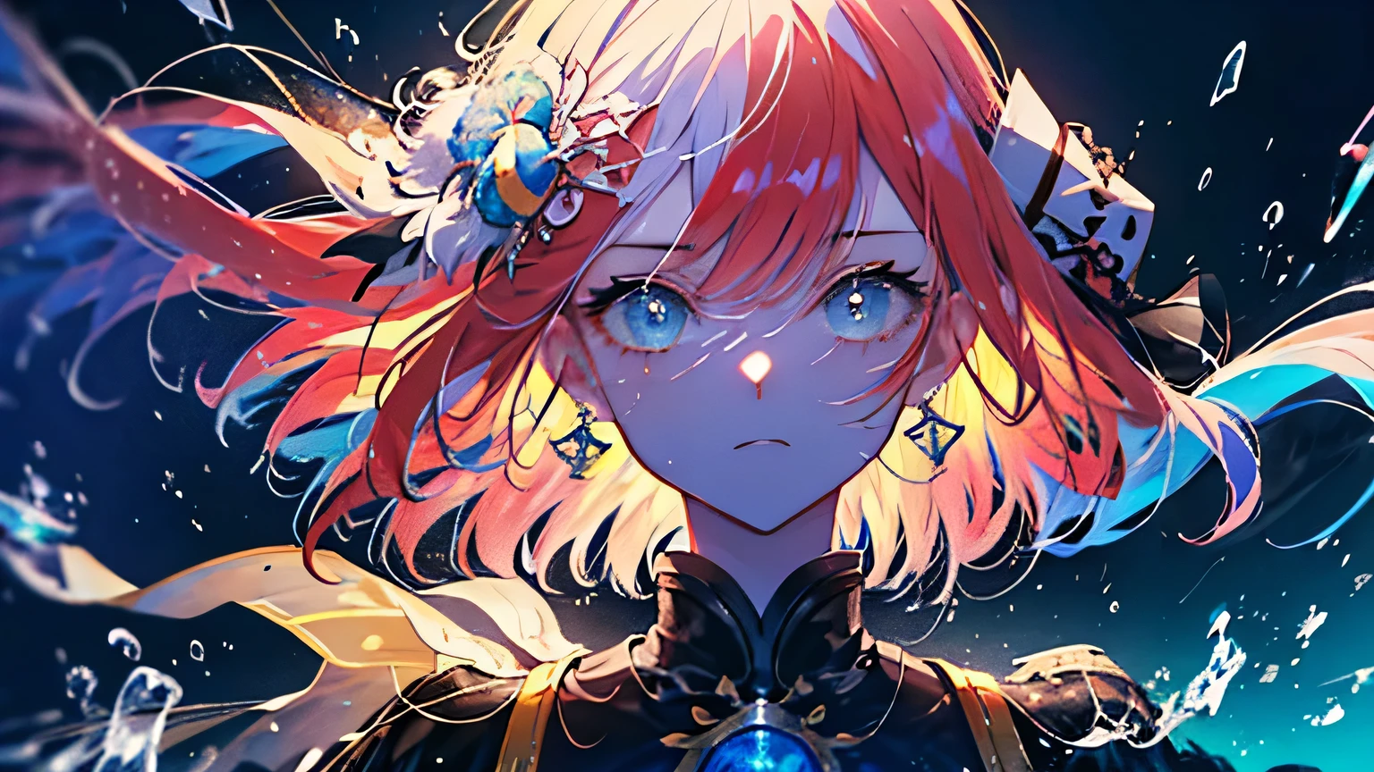 anime, (((portrait of daw))), a woman, (((a red hair))), (((blue eyes))), (((female pirate)), 8k, unreal engine, octane render, by kyun, gamang, Yoon Gon-Ji, g.ho, gosonjak, shuroop, serious, domi, noah, trending on pixiv, fanbox, skeb, masterpiece, smooth soft skin, big dreamy eyes, beautiful intricate colored hair, symmetrical, anime wide eyes, soft lighting, concept art, digital painting,  tropical island