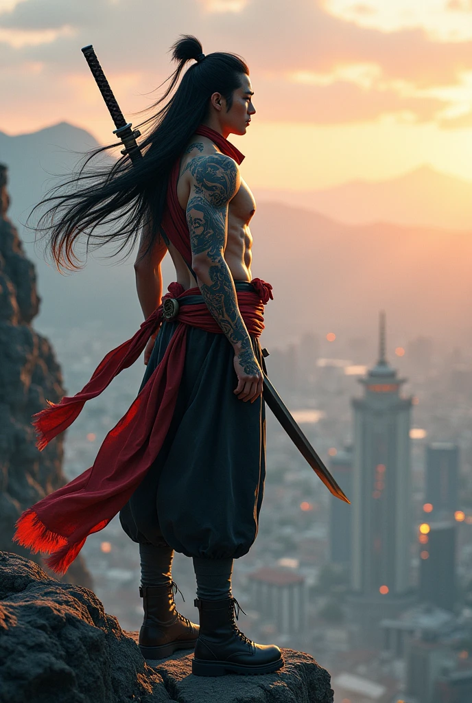 
Photo of a handsome Korean man with long hair and an ideal body, wearing a Shozoku shinobi. with and boots. around his neck was a long scarf blowing in the wind. an oni mask on top of his head, all over his arms and body full of yakuza tattoos and behind his back there is a katana sword he sits on a rock cliff and stares intently ahead and below him is a very realistic city view, dramatic light, sunrise pale, smilling at the camera, cinematic lighting, battered, low angle, trending on arts station, 4k, ultra realistic, focused, extreme detail, unreal engine 5, cinematic, masterpiece, artwork by studio ghibli, intricate artwork by john william turner