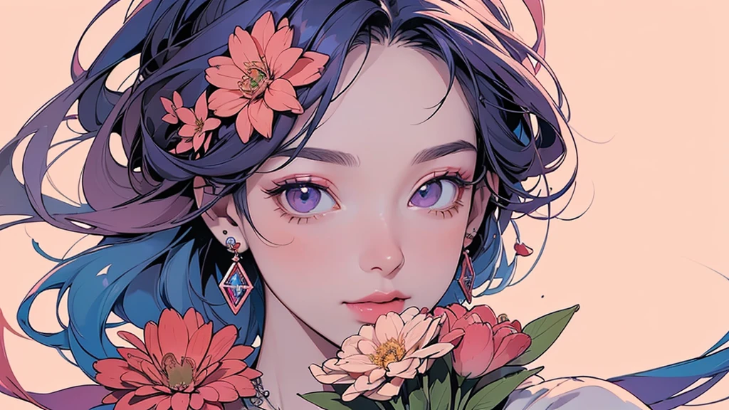 32K, 最高quality, 最高masterpiece, (ultra-Detailed Background, Detailed Background), High resolution, Super detailed, Very detailedな, 1 personの, (bouquet:1.3), (Tangled:1.2), (Geometric:1.2),(colorful),(masterpiece, quality, best quality, Official Art, Beautiful and beautiful:1.2), (1 person:1.3), Very detailed,(colorful:1.1)(Flowers:1.3),Most detailed,(Tangled:1.2), whole body, (Abstract background:1.3), (Skin glows), (Many colors:1.4), ,(Earrings Jewelry:1.5), Pale Red Background, It's imaginative., Milk tea colored hair, Updo,