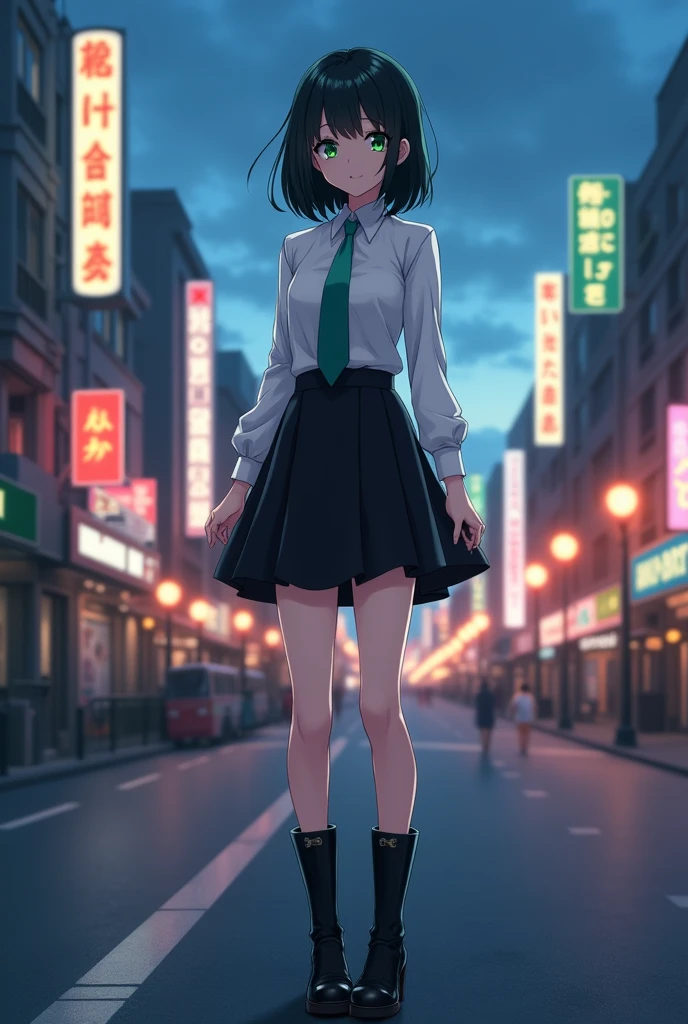 Female, Anime, 17-year old, Short black-hair, Faired skin, Emerald eyes, White long-sleeved shirt, Green necktie, Black skirt, High-heeled black boots