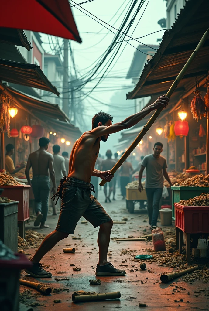 Show an apocalyptic market scene in Thailand with zombies attacking amidst the chaos of a bustling street market.

Main Characters: Focus on market vendors and shoppers turned survivors, fighting to protect themselves and others. The main character could be a vendor wielding an improvised weapon.
Details: Include market stalls, food carts, and traditional Thai products scattered and damaged. Zombies should be depicted grabbing at the stalls or attacking shoppers.
Atmosphere: Use vibrant, chaotic colors to reflect the market’s previous liveliness juxtaposed with the current chaos. Bright lighting and dynamic movement should enhance the frenetic energy.
