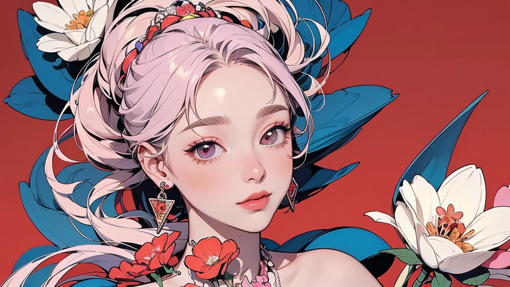 32K, 最高quality, 最高masterpiece, (ultra-Detailed Background, Detailed Background), High resolution, Super detailed, Very detailedな, 1 personの, (bouquet:1.3), (Tangled:1.2), (Geometric:1.2),(colorful),(masterpiece, quality, best quality, Official Art, Beautiful and beautiful:1.2), (1 person:1.3), Very detailed,(colorful:1.1)(Flowers:1.3),Most detailed,(Tangled:1.2), whole body, (Abstract background:1.3), (Skin glows), (Many colors:1.4), ,(Earrings Jewelry:1.5), Pale Red Background, It's imaginative., Milk tea colored hair, Updo,