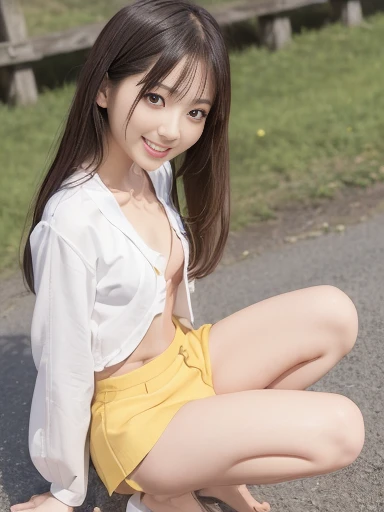 Japanese female, (underweight), (flat chest best quality:1.5), 30 years old, (cheerful grin:1.3),NSFW,
village, squatting, legs spread, long hair, (white blouse), (undone clothing:1.4), (yellow mini skirt), in the village, with a cherry blossom, full body shot, (front view,) (low angle shot:1.3)