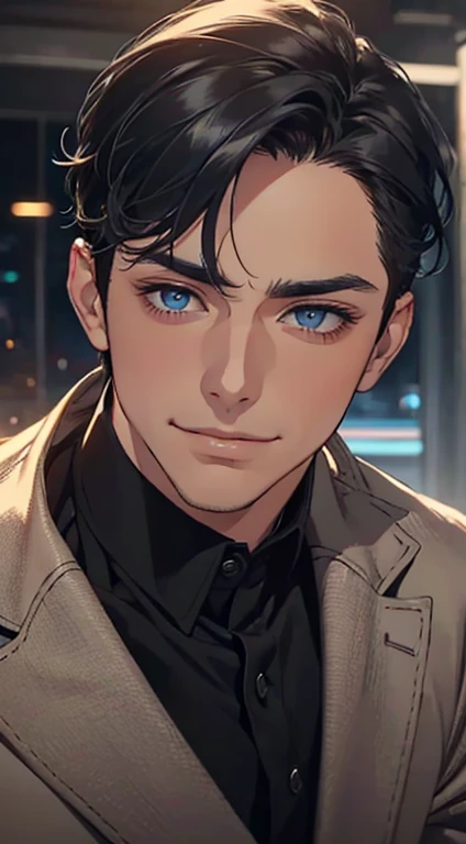 a mature man with short grey Black hair, blue eyes, 31 years, and a perfect face, smiling in love, CEO, cinematic lighting, 1:4 HDR image, top view, ultra detailed, best quality, masterpiece, 8K, photorealistic, beautiful image