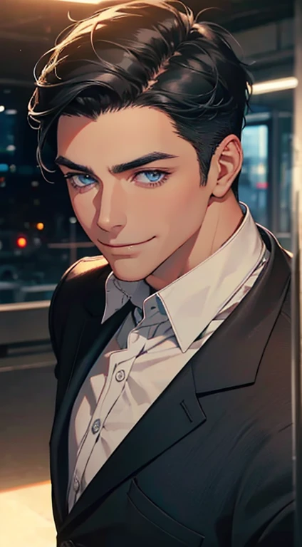 a mature man with short grey Black hair, blue eyes, 31 years, and a perfect face, smiling in love, CEO, cinematic lighting, 1:4 HDR image, top view, ultra detailed, best quality, masterpiece, 8K, photorealistic, beautiful image
