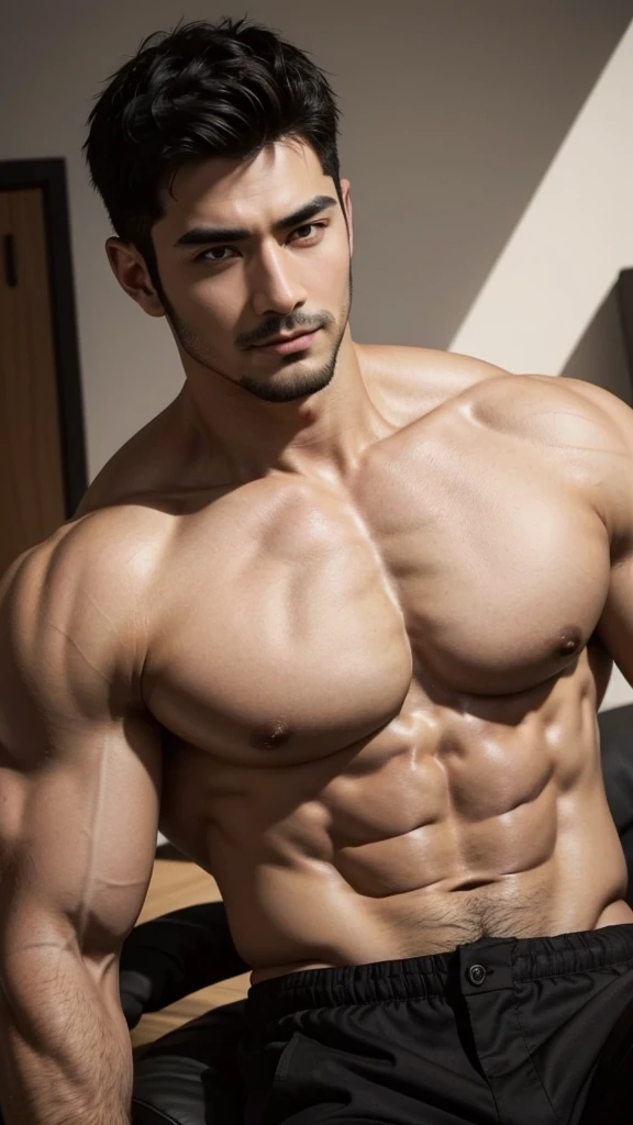 muscular handsome man, open black shirt, black pants, looking at viewer romantically, fair skin, sexy face, black hair, short hairstyle, light facial hair, chest hair, sexy expression, detailed facial features, high quality, 