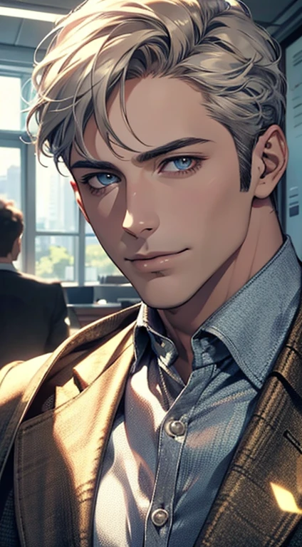 (best quality,4k,8k,highres,masterpiece:1.2),ultra-detailed,(realistic,photorealistic,photo-realistic:1.37),1 man,31 years old,mature man,very handsome,without expression,smile,short grey golden hair,blue eyes,penetrating gaze,perfect face without errors,imposing posture,businessman,office background,cinematic lighting,hdr image