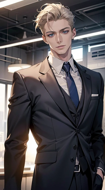 (best quality,4k,8k,highres,masterpiece:1.2),ultra-detailed,(realistic,photorealistic,photo-realistic:1.37),1 man,31 years old,mature man,very handsome,without expression,smile,short grey golden hair,blue eyes,penetrating gaze,perfect face without errors,imposing posture,businessman,office background,cinematic lighting,hdr image
