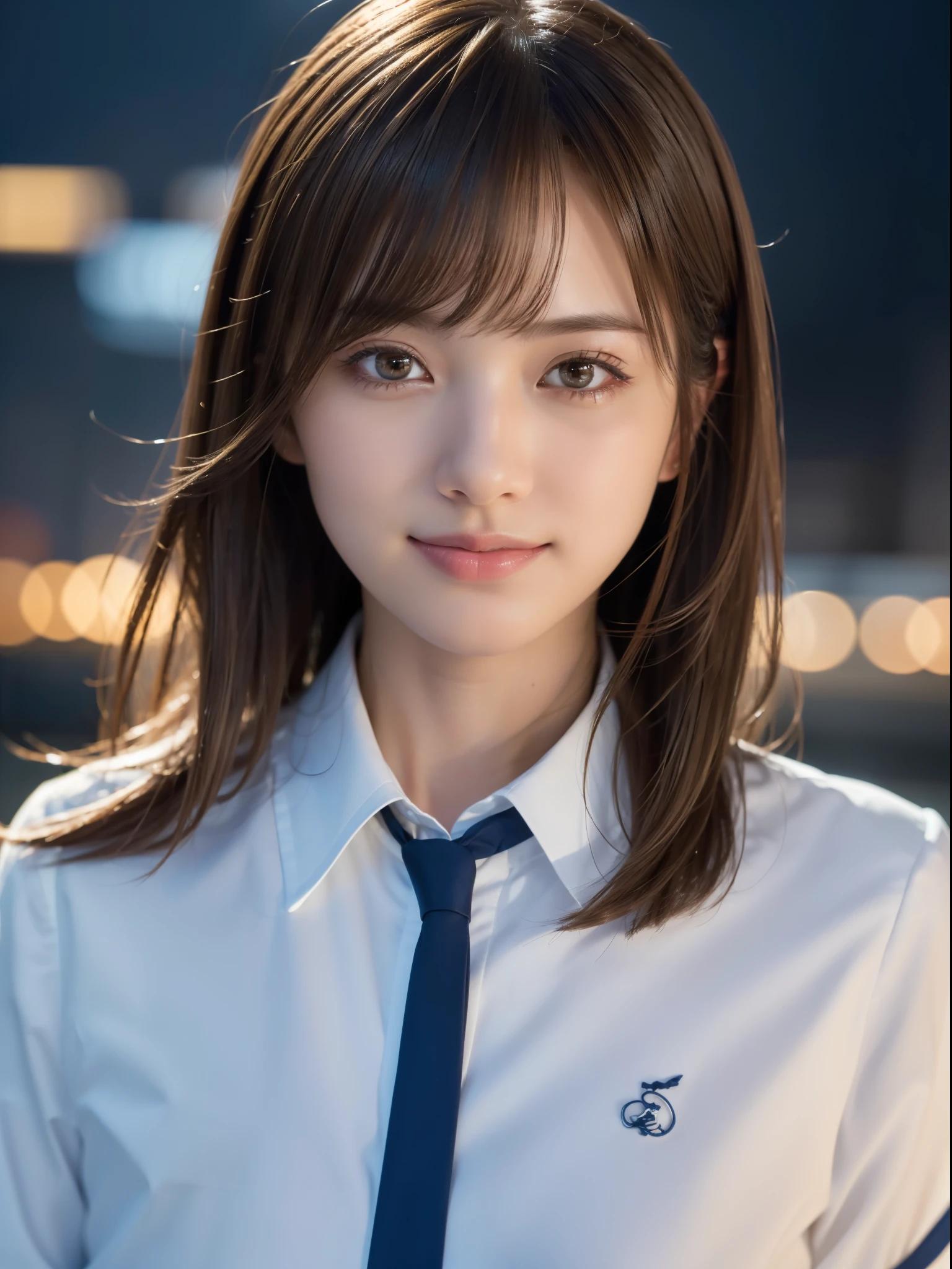 1 cabin attendant,(Cabin Attendant Uniform), (RAW Photos, Highest quality), (Realistic, Photorealistic:1.4), Tabletop, Very delicate and beautiful, Very detailed, 8k wallpaper, wonderful, In detail, Highly detailed CG unification, High resolution, Soft Light, Beautiful and detailed 25-year-old beauty, Very detailed目と顔, Beautifully detailed nose, Beautiful attention to detail,Cinema Lighting,Night airport,Perfect Anatomy,Slender body,smile (My hair is messy, Asymmetrical bangs, Light brown hair,)
